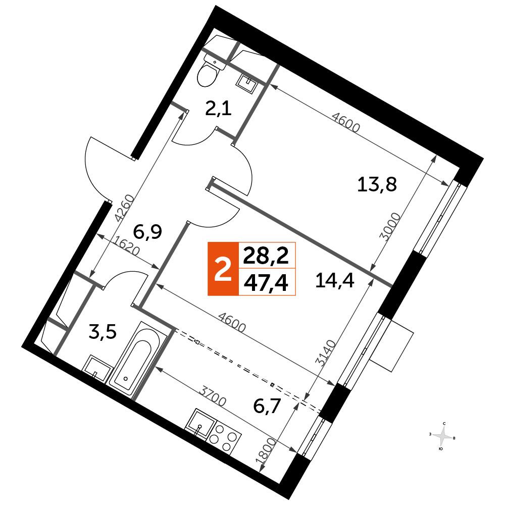 2-комнатная 47 м2 в ЖК Римский корпус null этаж 2