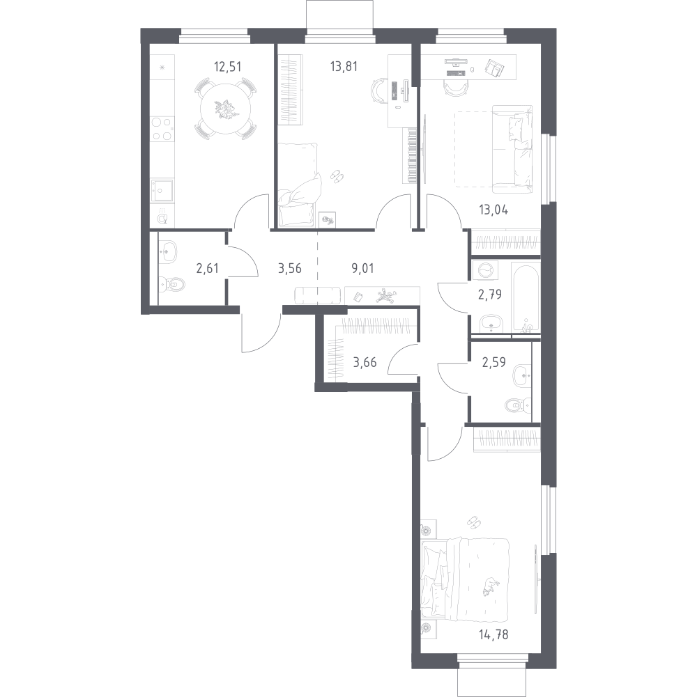 3-комнатная 78 м2 в ЖК Мытищи Парк корпус null этаж 3