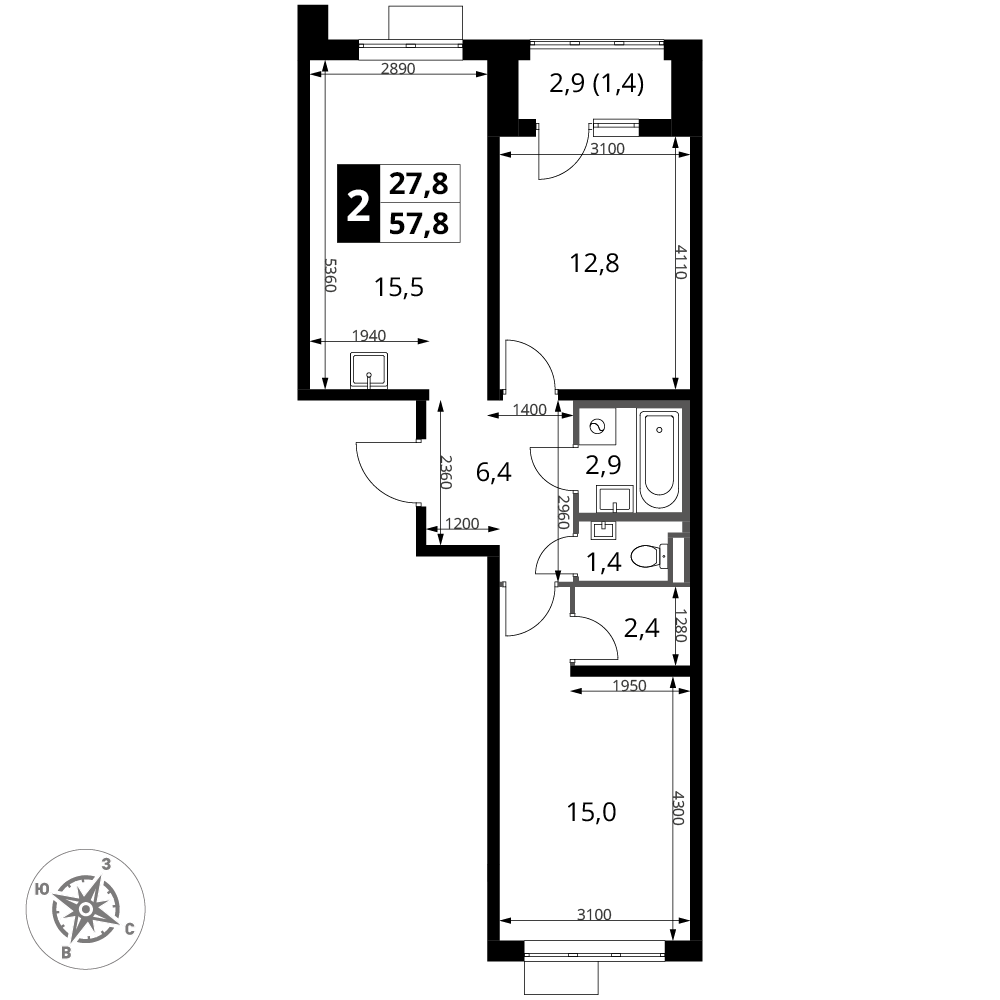2-комнатная 57 м2 в ЖК 1-й Донской корпус null этаж 3