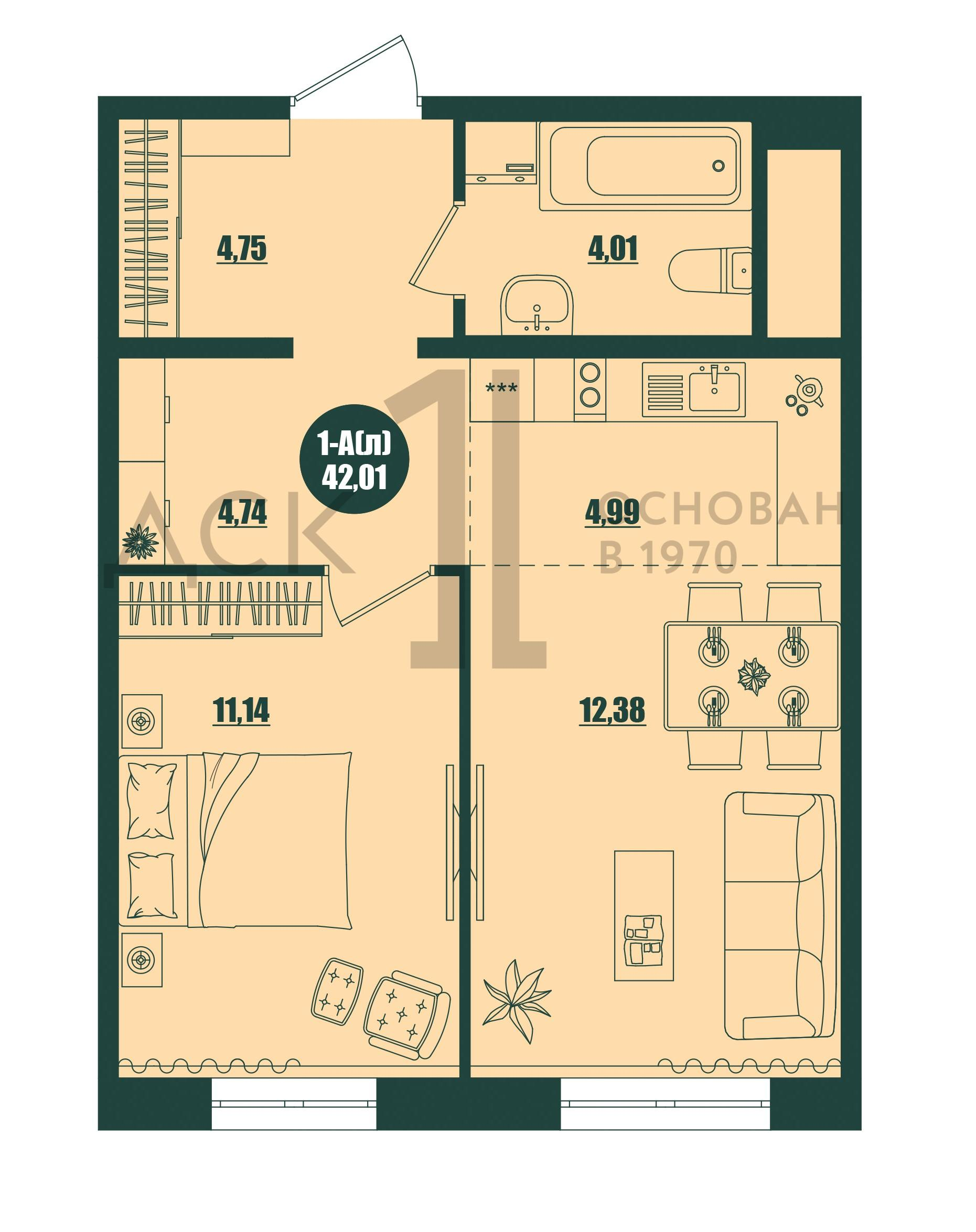1-комнатная 42 м2 в ЖК Крылов корпус null этаж 10