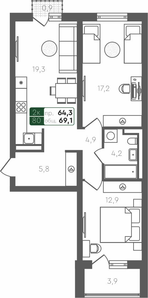 2-комнатная 69 м2 в ЖК Ритмы корпус null этаж 4