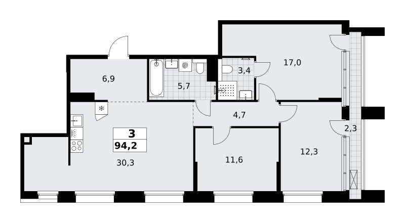 3-комнатная 94 м2 в ЖК Хольм корпус null этаж 15