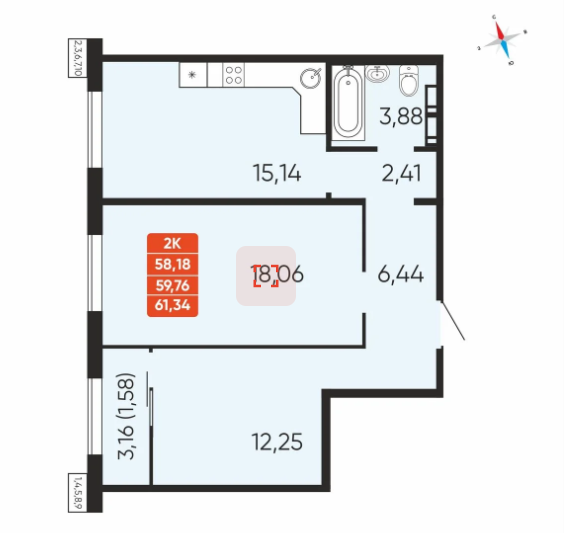 2-комнатная 59.8 м2 в ЖК undefined корпус null этаж 4