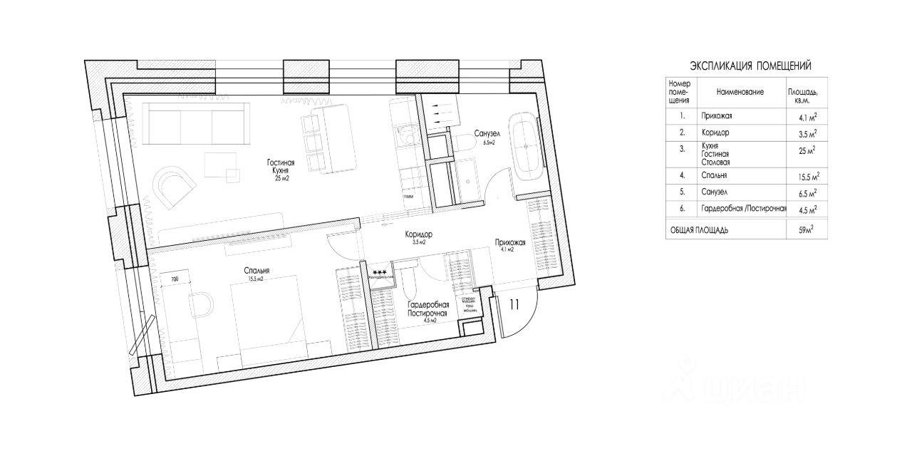 2-комнатная 59 м2 в ЖК undefined корпус null этаж 2