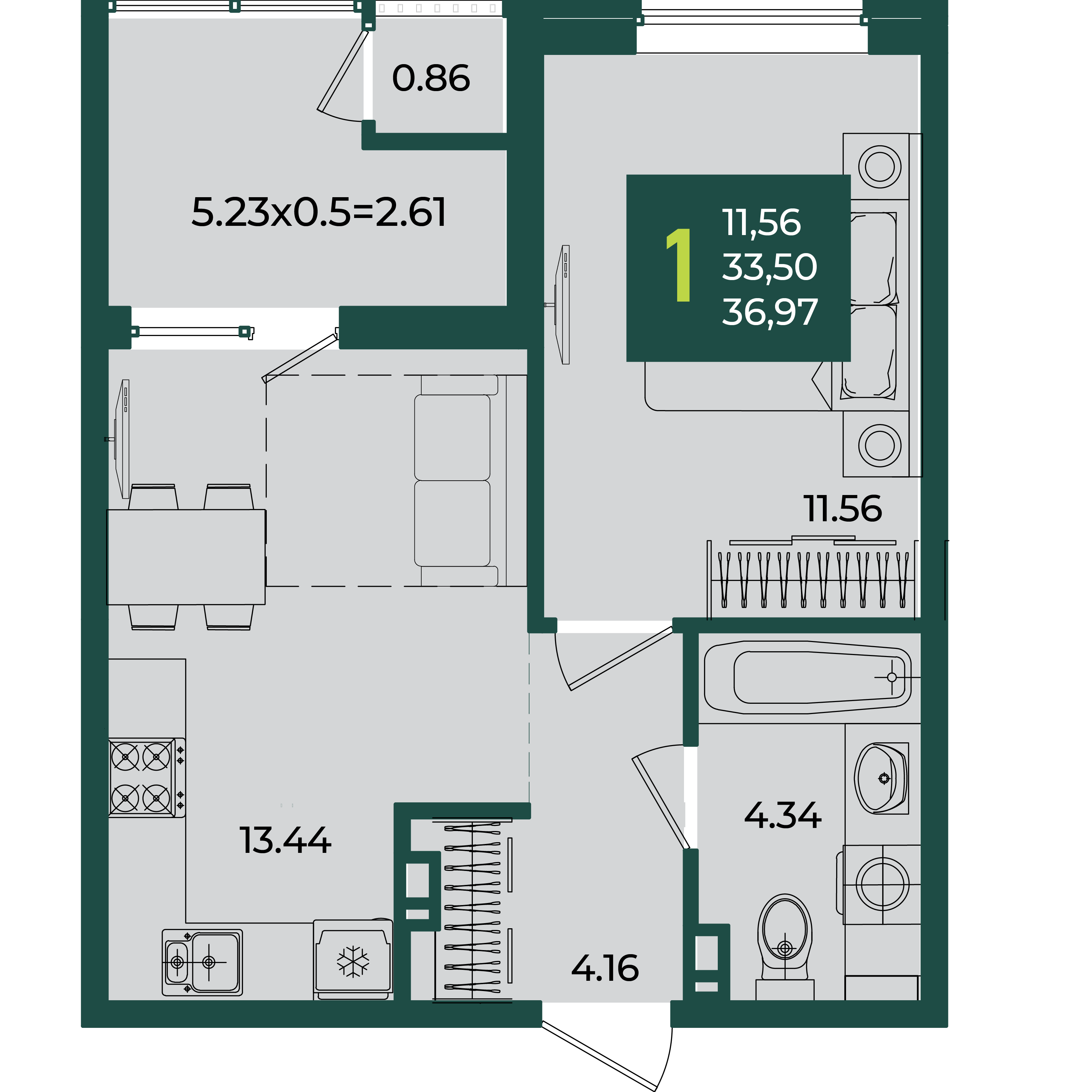 1-комнатная 36 м2 в ЖК Образцово корпус null этаж 5
