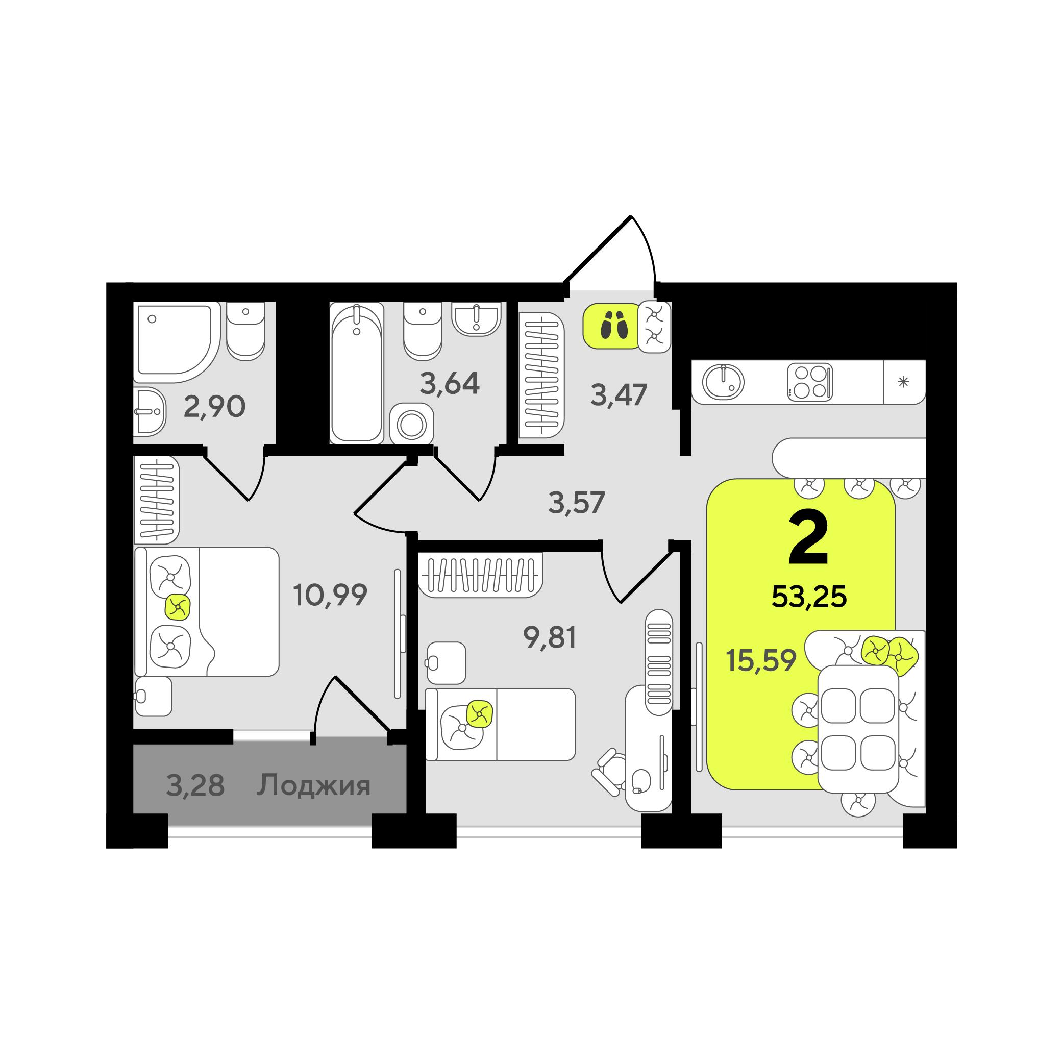2-комнатная 53 м2 в ЖК Окинава корпус null этаж 14