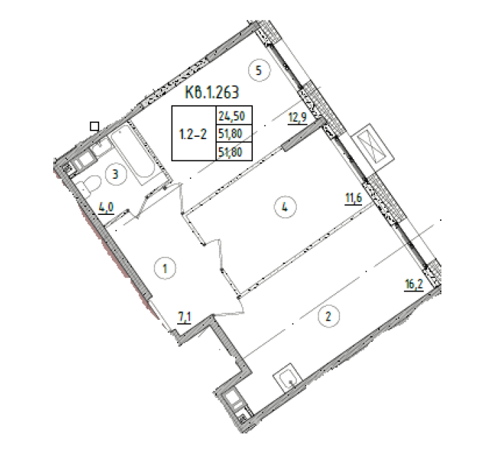 2-комнатная 51.8 м2 в ЖК undefined корпус null этаж 17