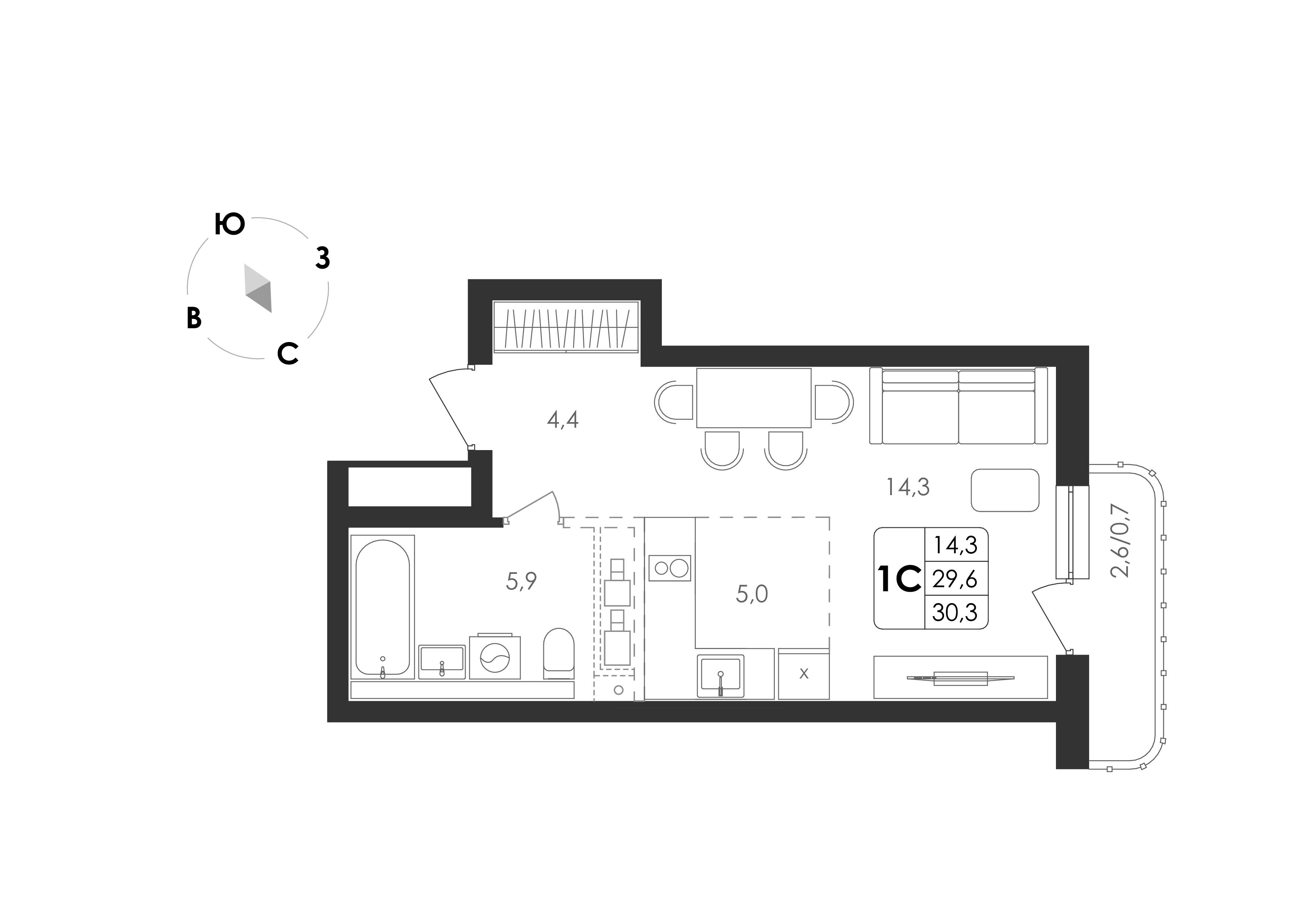 1-комнатная 30 м2 в ЖК Циолковский корпус null этаж 9