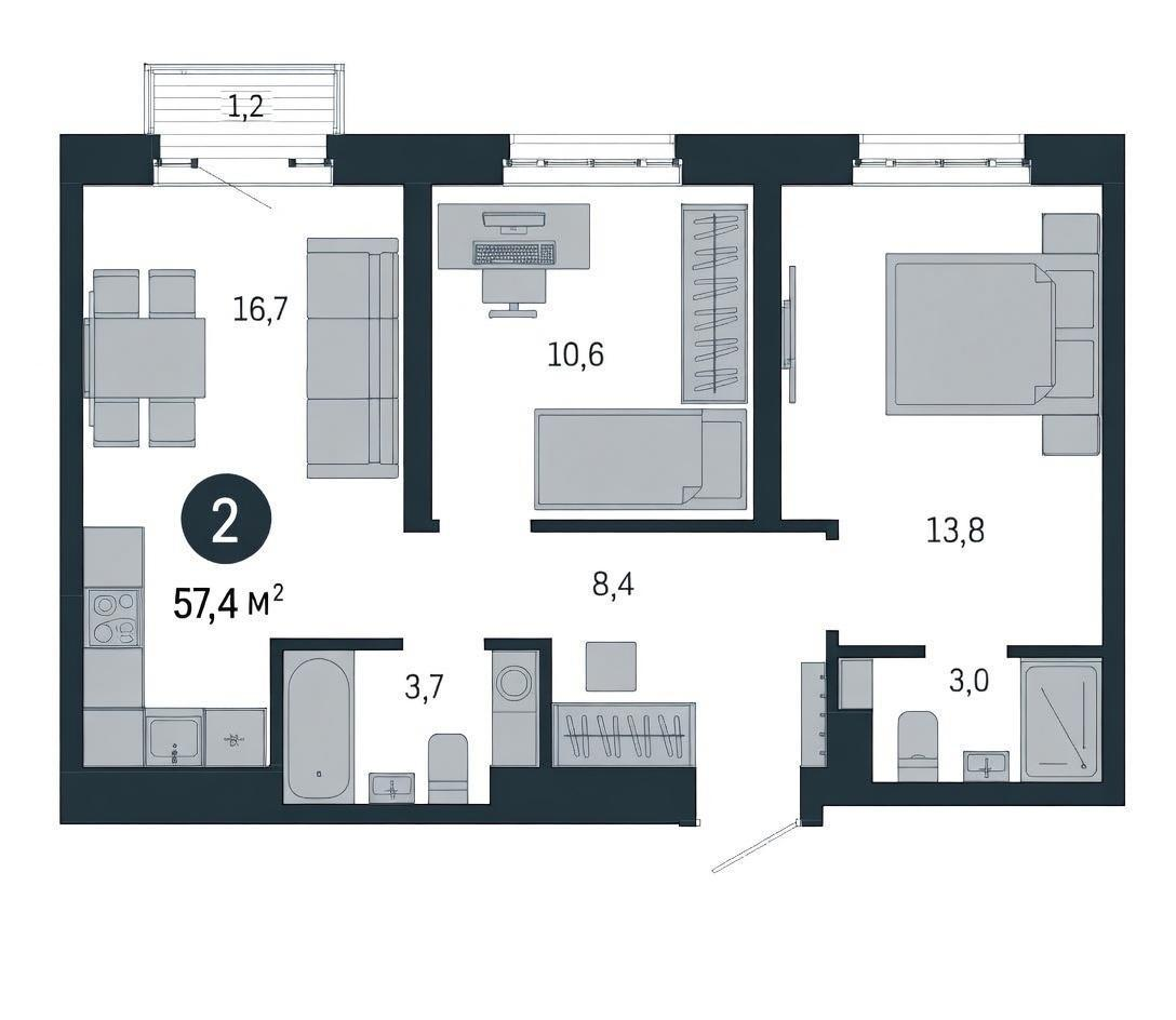 3-комнатная 57.4 м2 в ЖК undefined корпус null этаж 14