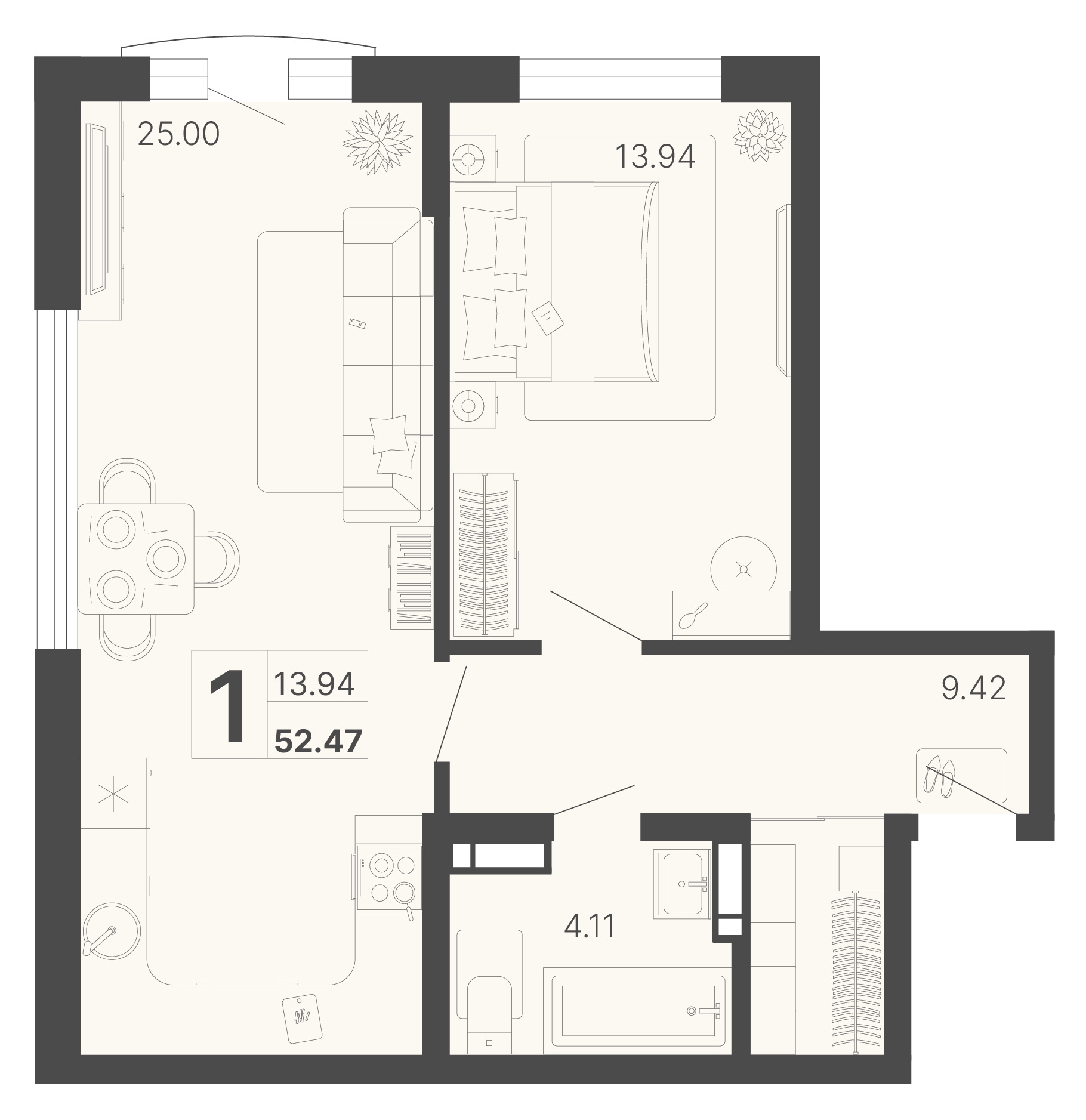 1-комнатная 52 м2 в ЖК Светский лес корпус null этаж 2
