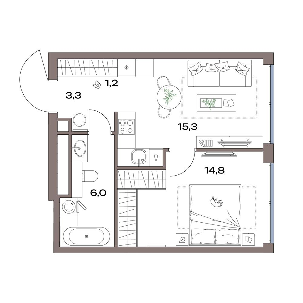 2-комнатная 40 м2 в ЖК Акценты корпус null этаж 6