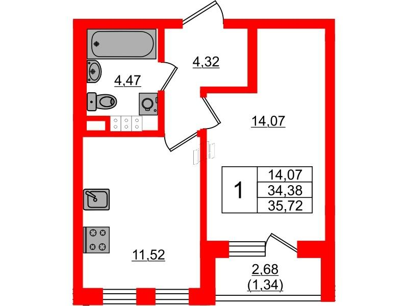 1-комнатная 34 м2 в ЖК Золотые купола. Новая История корпус null этаж 4