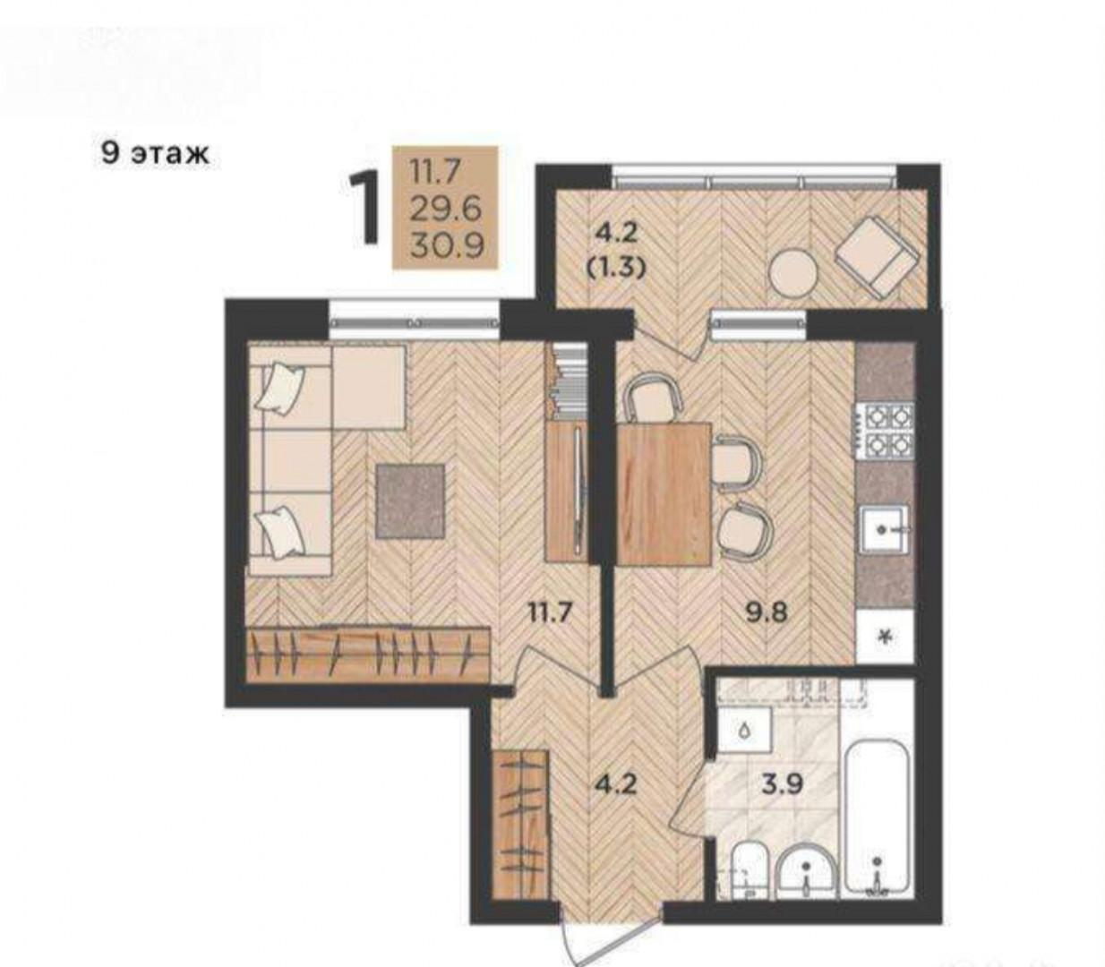 1-комнатная 30 м2 в ЖК undefined корпус null этаж 9