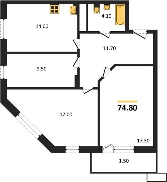 3-комнатная 74.8 м2 в ЖК undefined корпус null этаж 12
