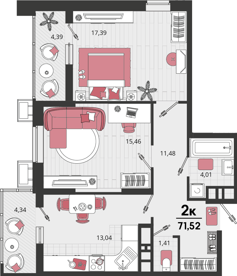 2-комнатная 71 м2 в ЖК Родные просторы корпус null этаж 10