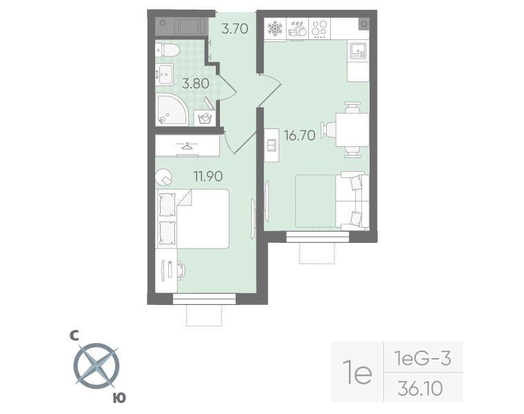 1-комнатная 35 м2 в ЖК Ручьи (2 оч.) корпус null этаж 19