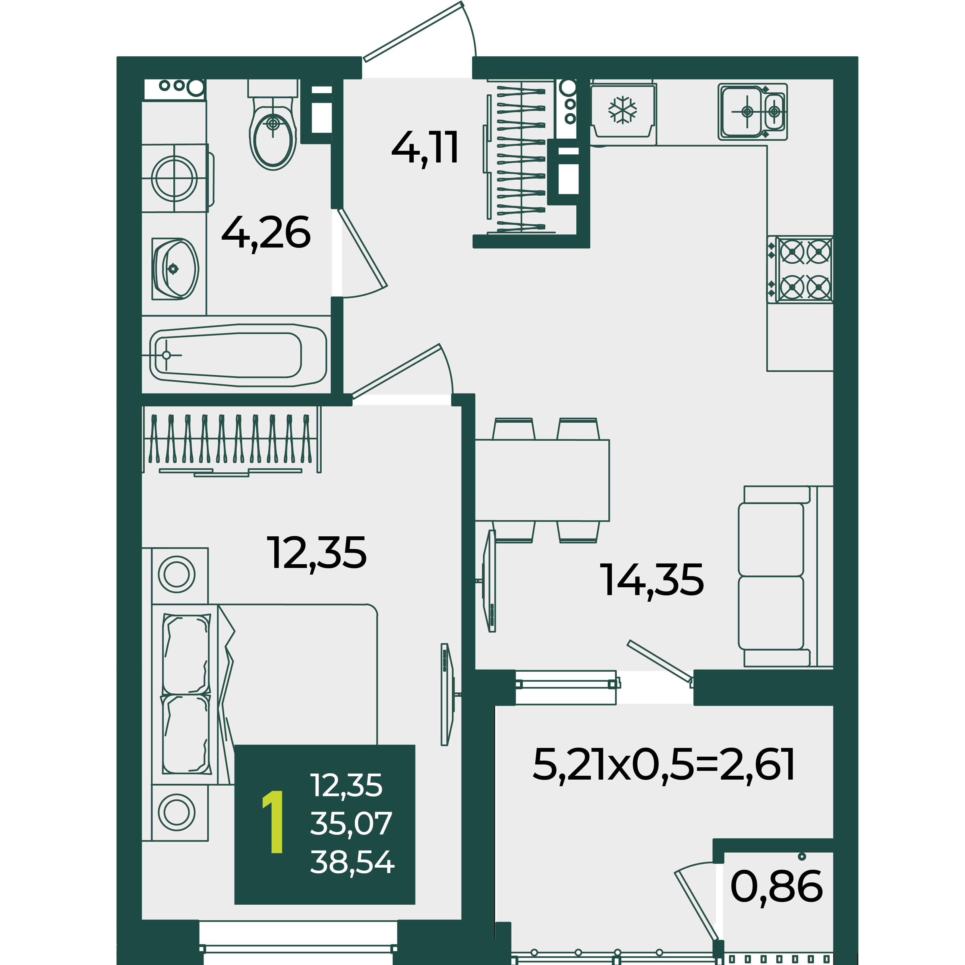 1-комнатная 38 м2 в ЖК Образцово корпус null этаж 11