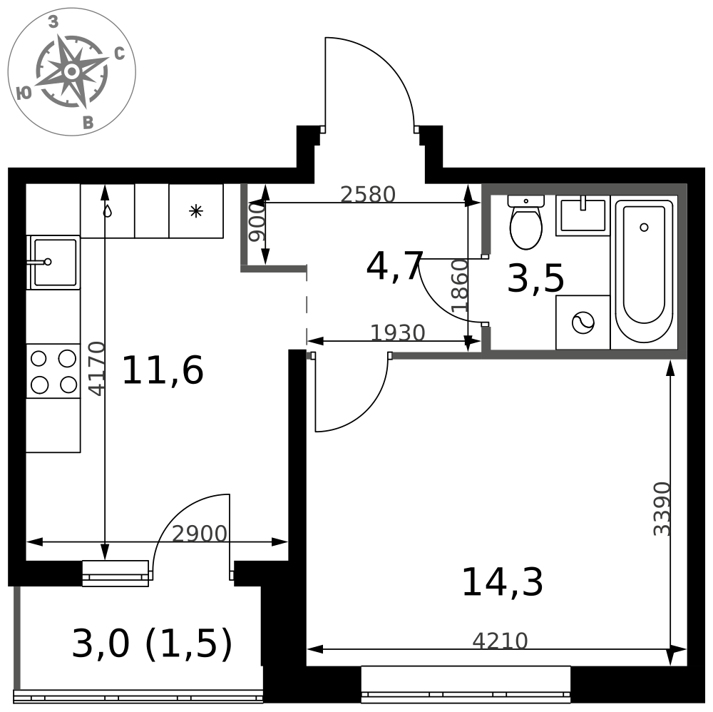 1-комнатная 35 м2 в ЖК 1-й Южный корпус null этаж 2
