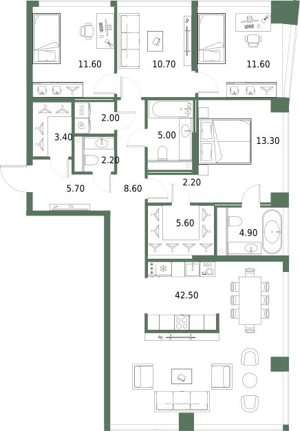 3-комнатная 129 м2 в ЖК Северный порт. Береговые кварталы корпус null этаж 3
