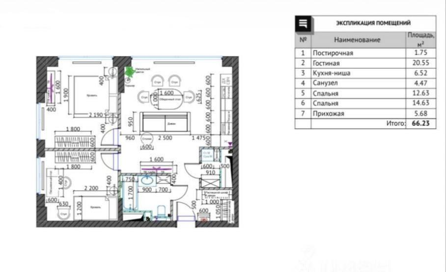 3-комнатная 66.2 м2 в ЖК undefined корпус null этаж 6