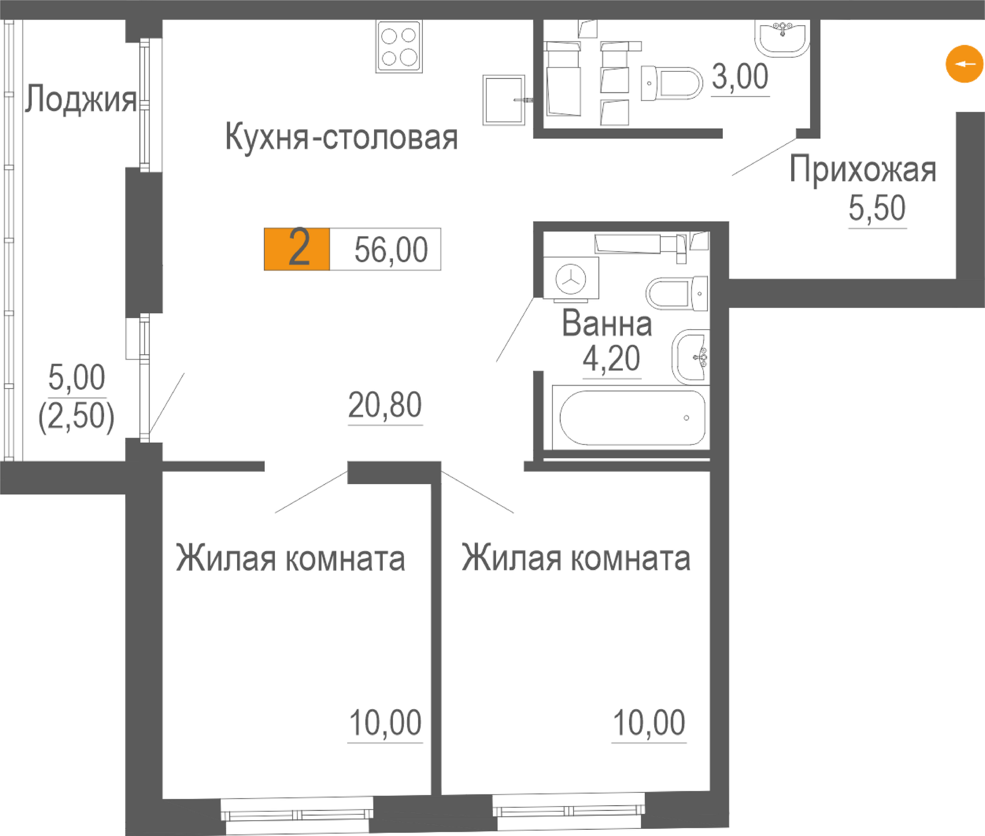 2-комнатная 52 м2 в ЖК Фристайл корпус null этаж 12