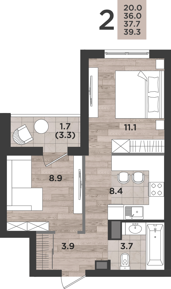 2-комнатная 37 м2 в ЖК Альпенштадт корпус null этаж 5