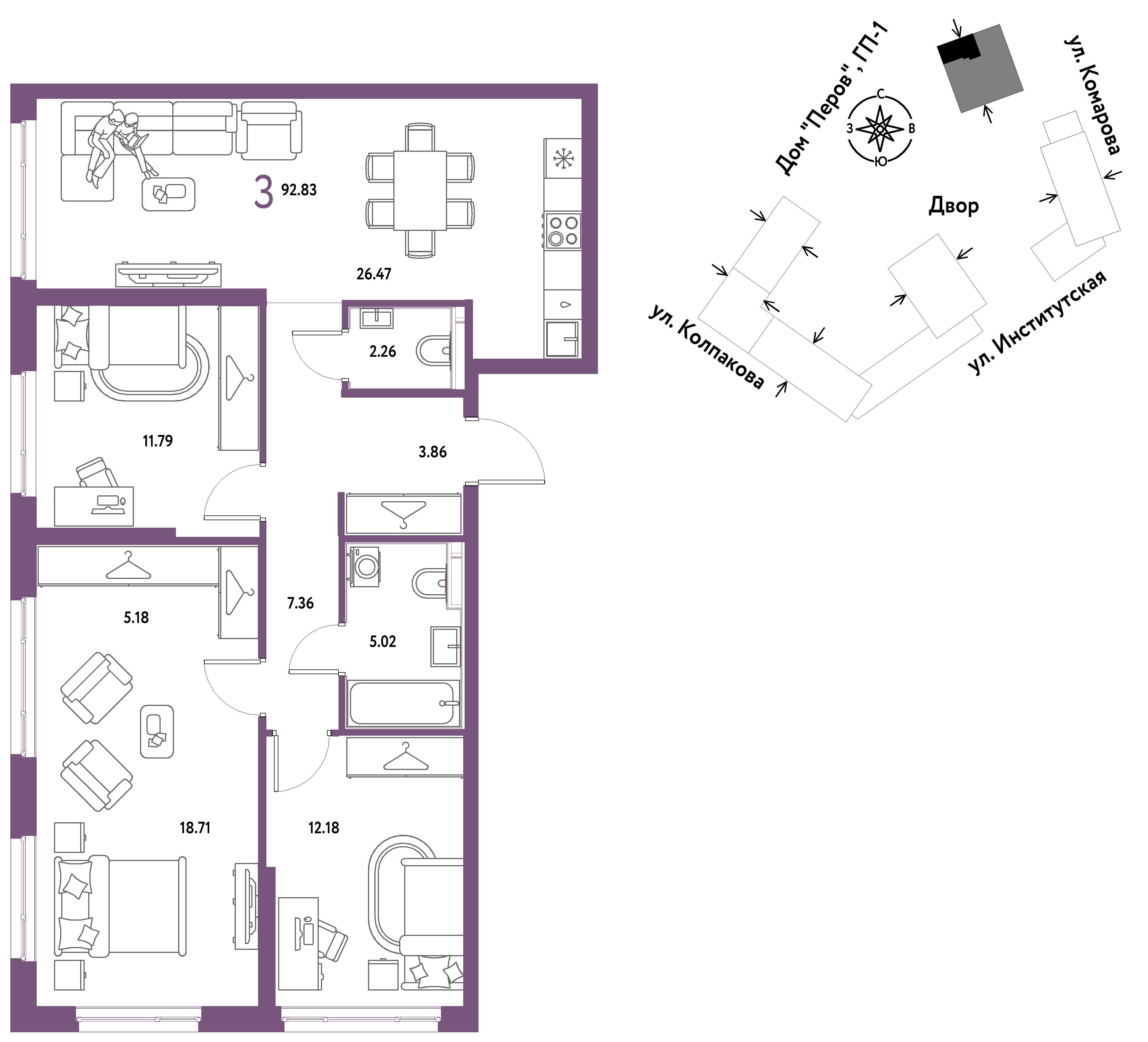 3-комнатная 92 м2 в ЖК Страна.Парковая корпус null этаж 20