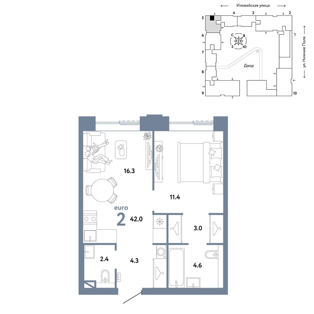 2-комнатная 42 м2 в ЖК Страна.Заречная корпус null этаж 10