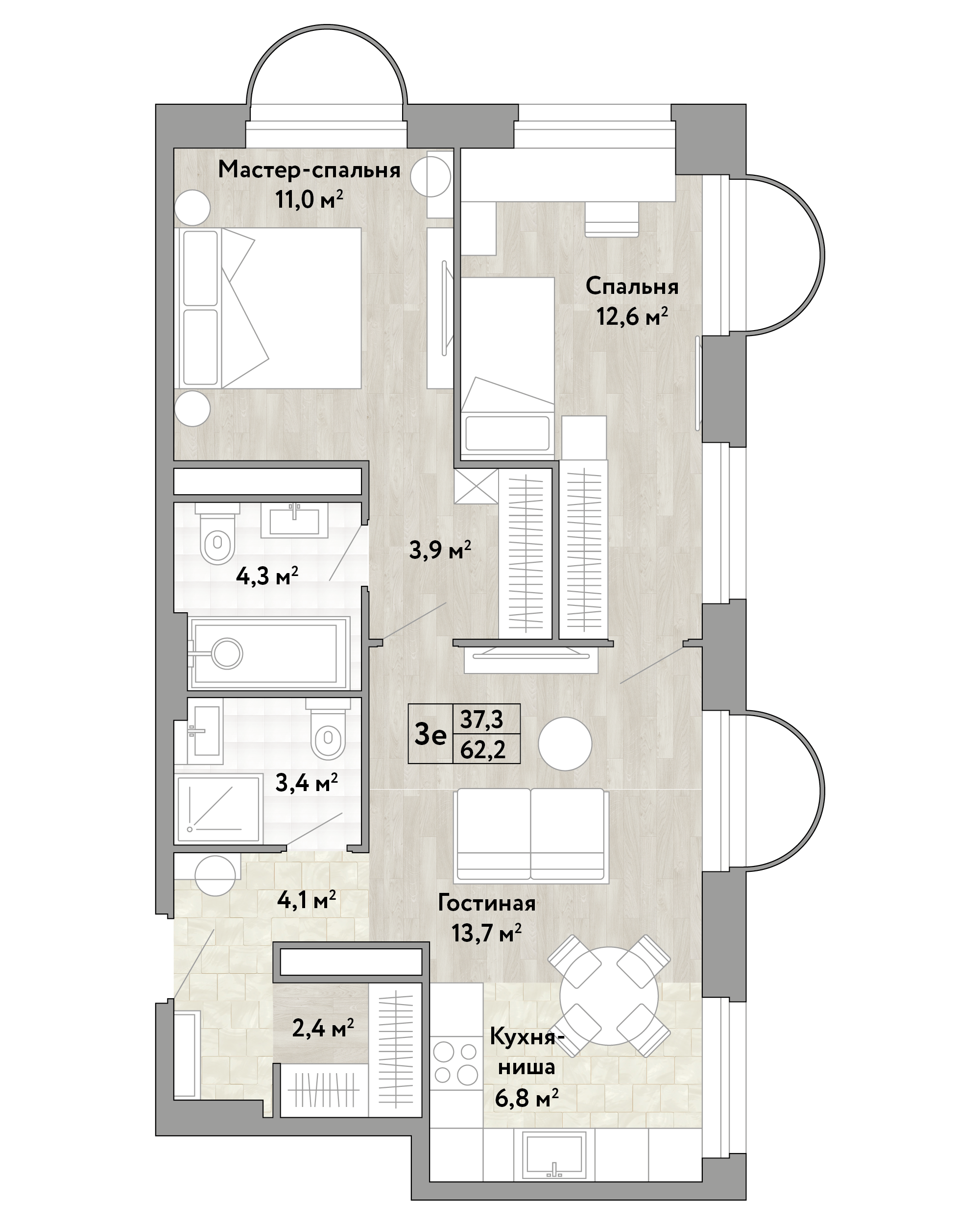 2-комнатная 60 м2 в ЖК Новые Смыслы корпус null этаж 5