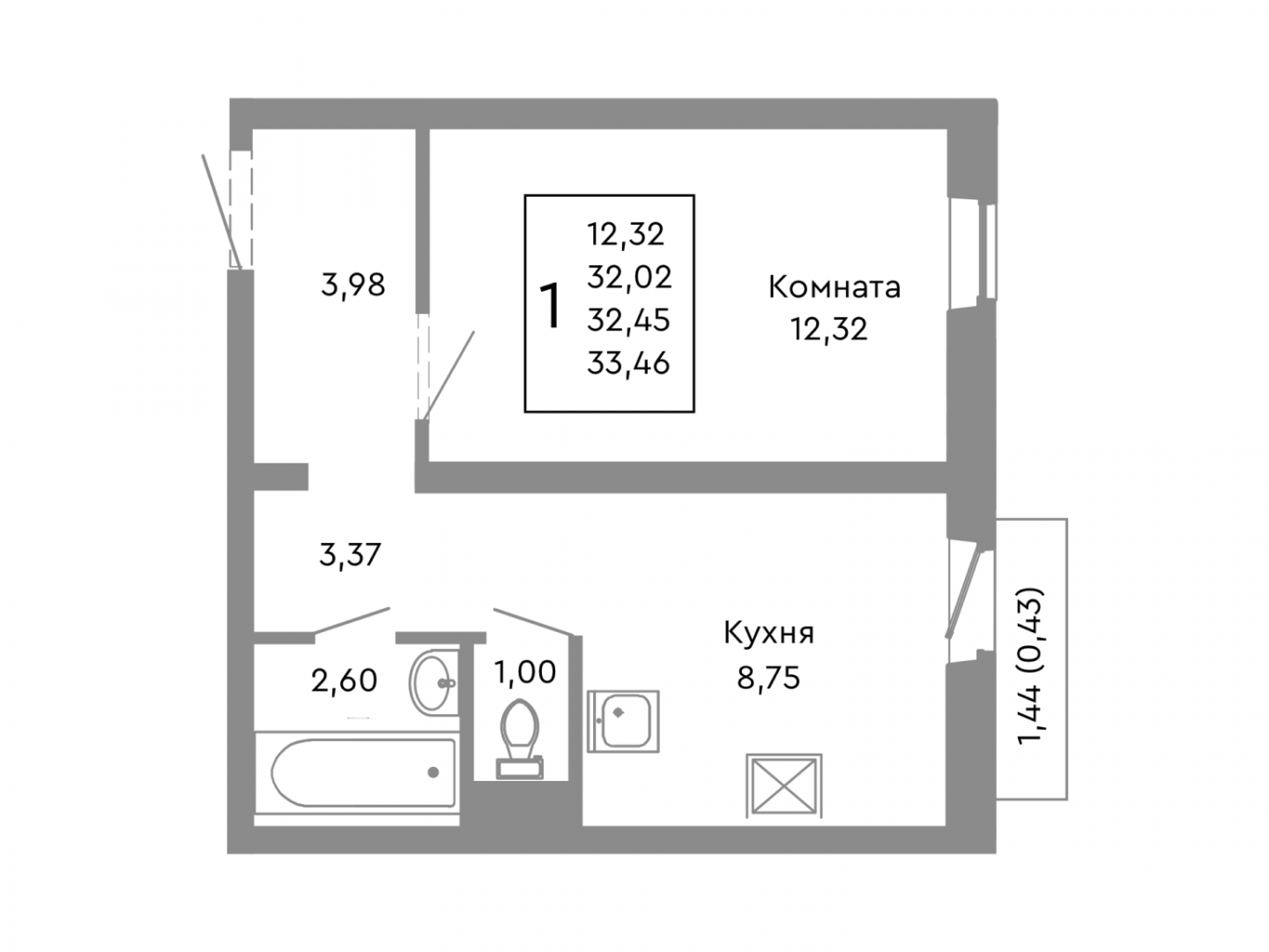 1-комнатная 32 м2 в ЖК undefined корпус null этаж 4