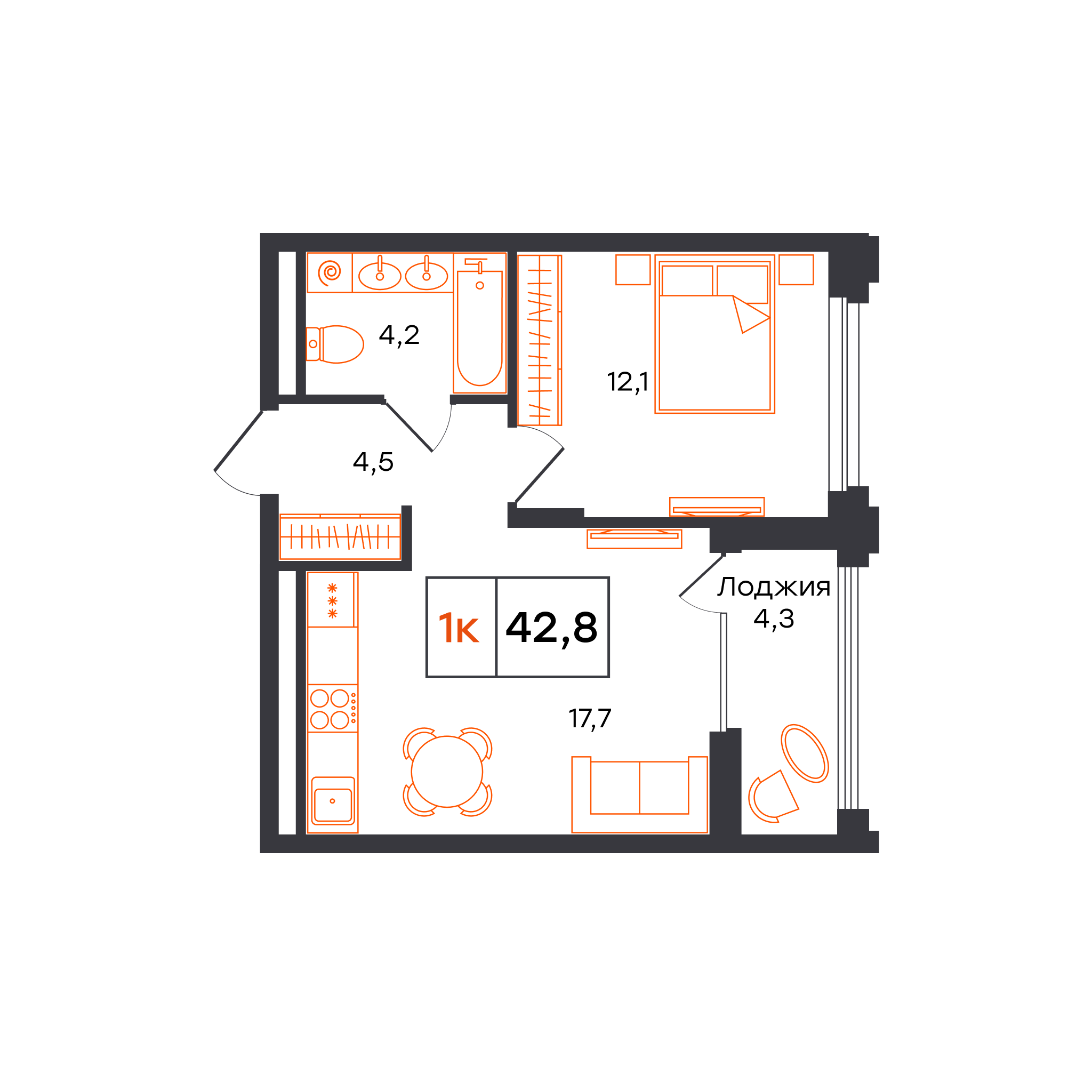 1-комнатная 42 м2 в ЖК Александровский корпус null этаж 4