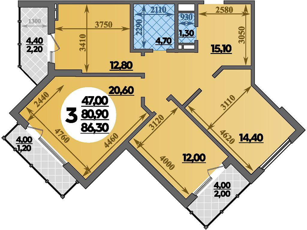 3-комнатная 86 м2 в ЖК Парк у дома корпус null этаж 13