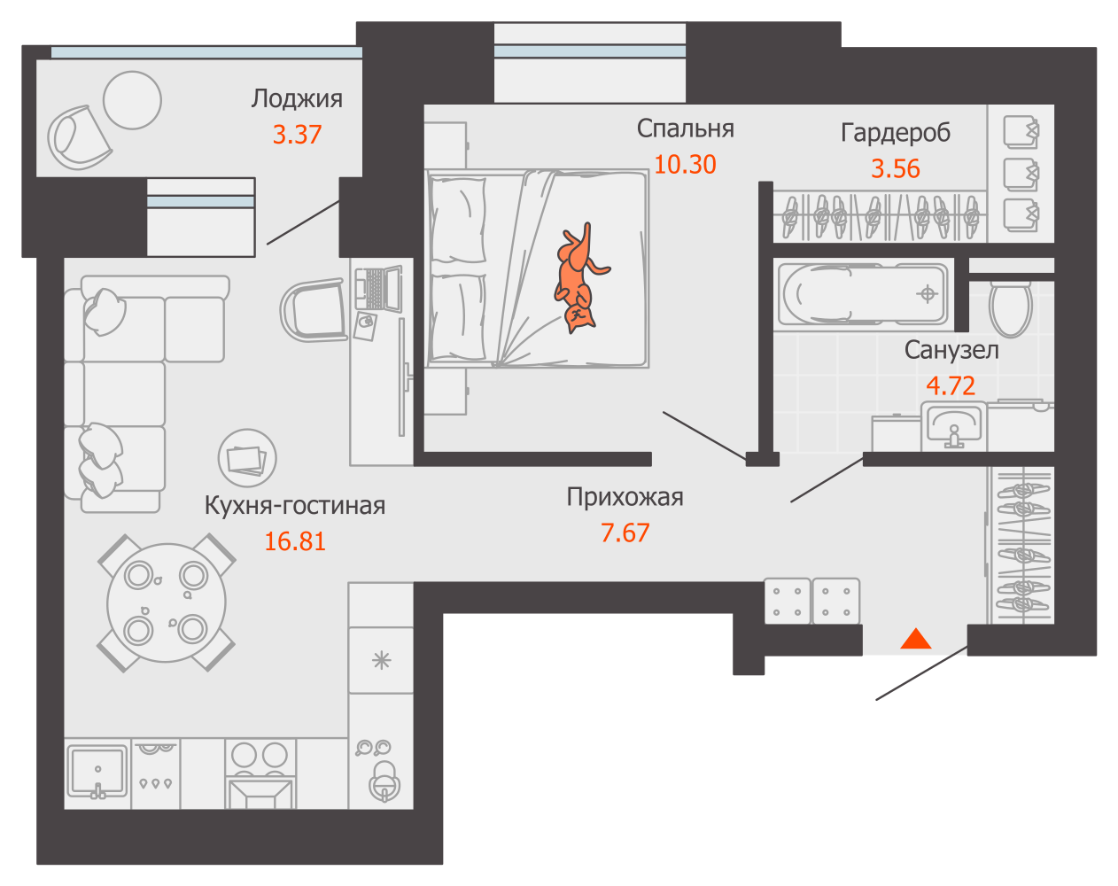 2-комнатная 45 м2 в ЖК ZNAK корпус null этаж 3