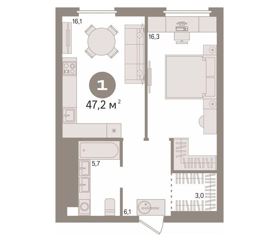1-комнатная 47.2 м2 в ЖК undefined корпус null этаж 16