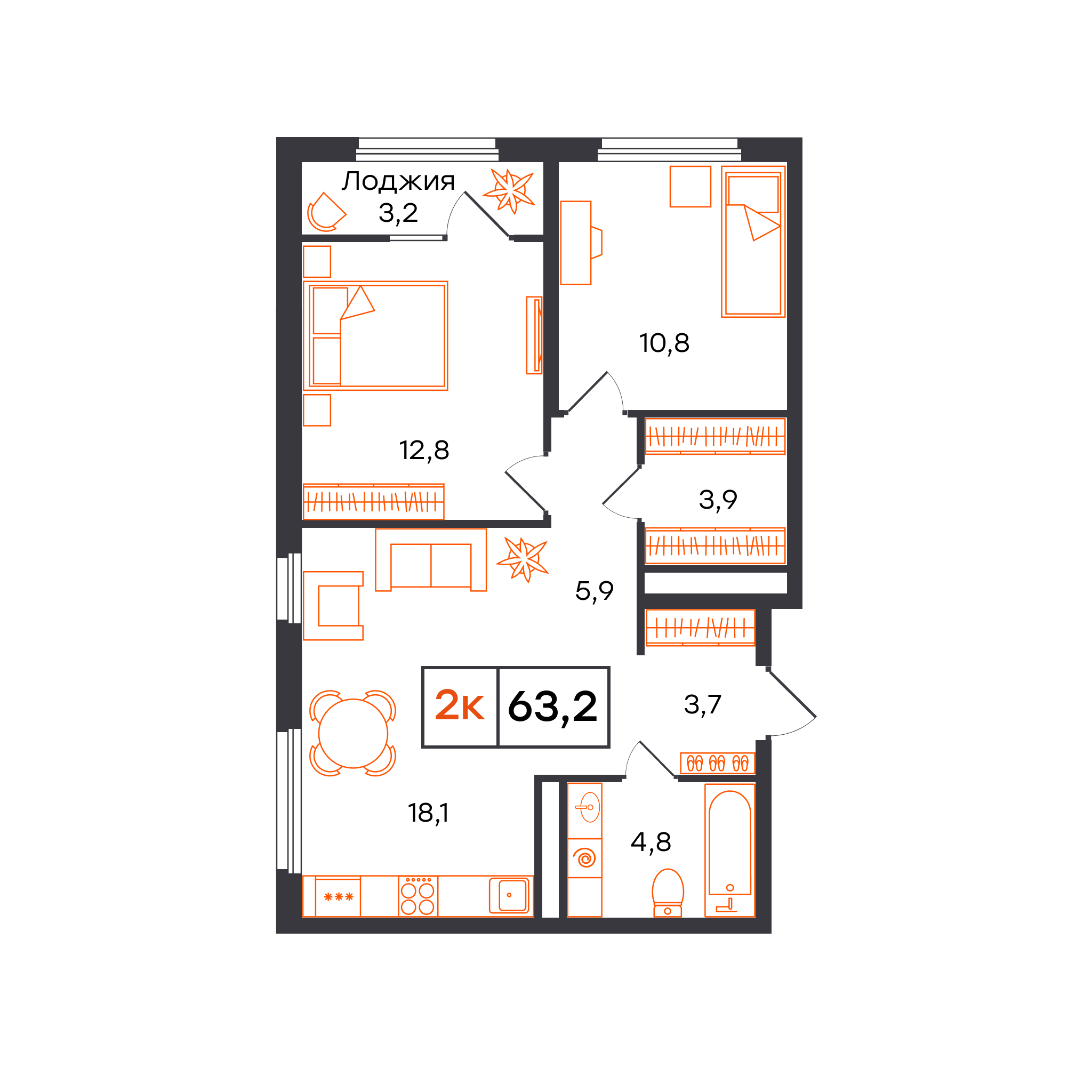 2-комнатная 63 м2 в ЖК Отличие корпус null этаж 10