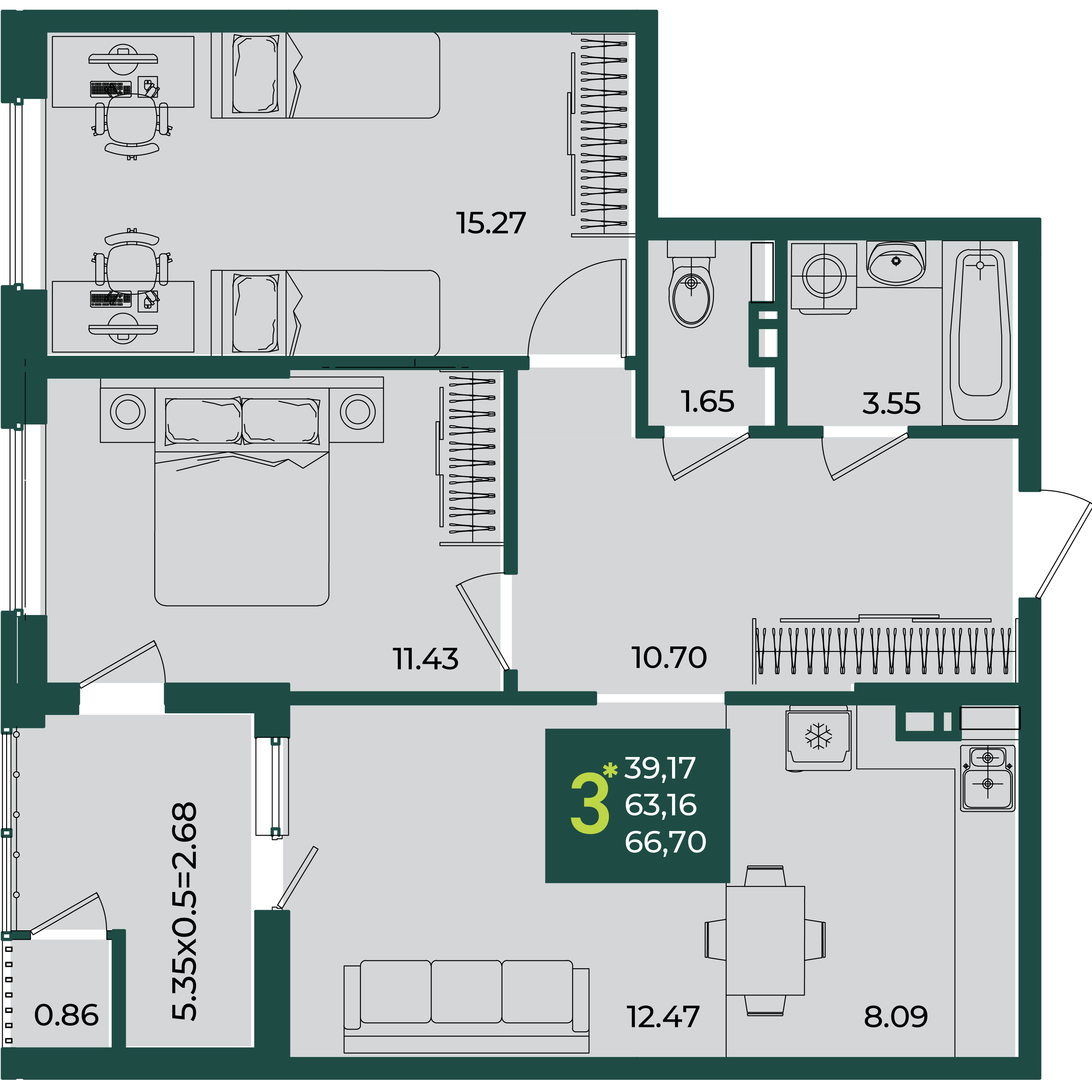 3-комнатная 66 м2 в ЖК Образцово корпус null этаж 5