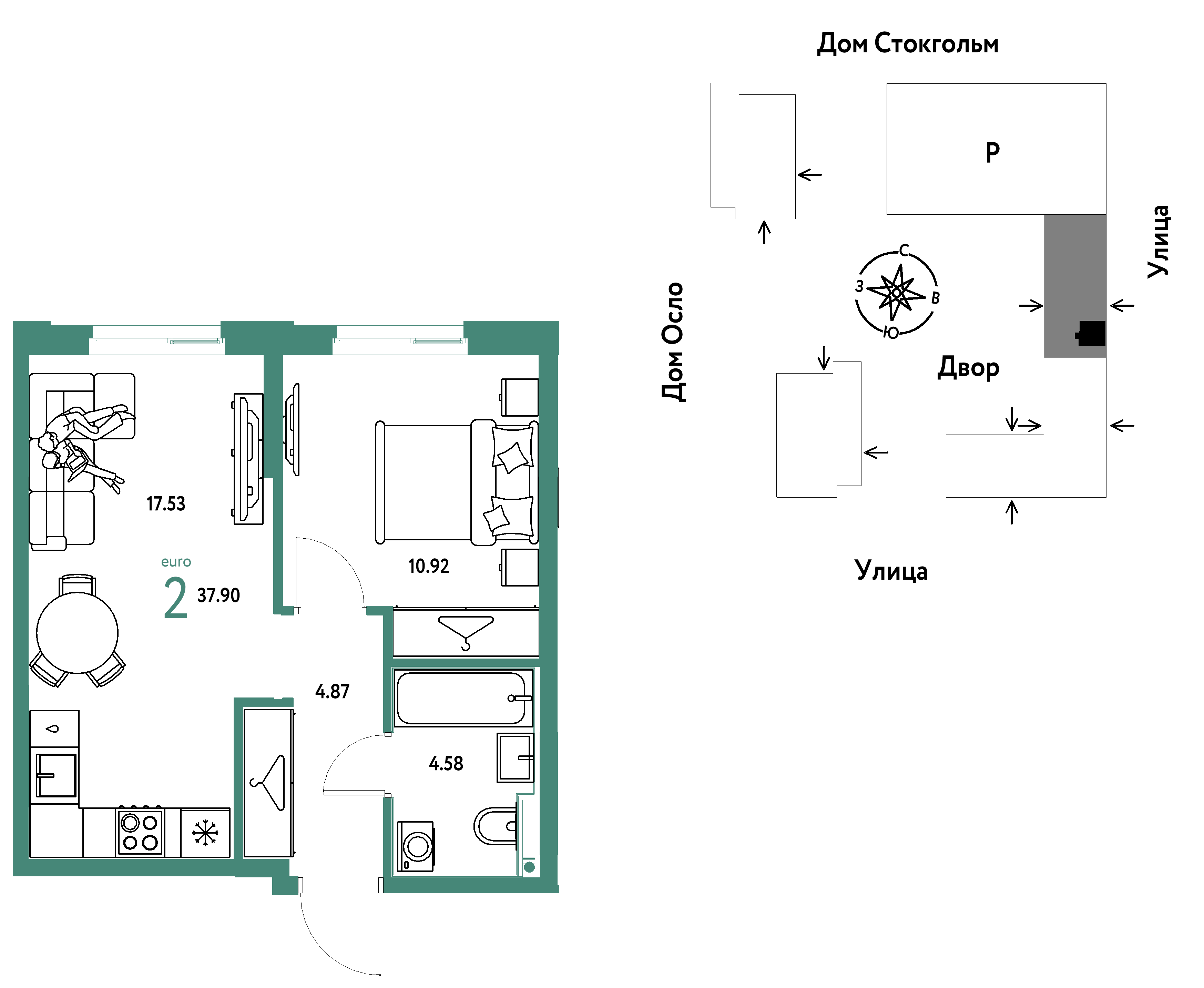 2-комнатная 37 м2 в ЖК Европейский берег 2.0 корпус null этаж 10
