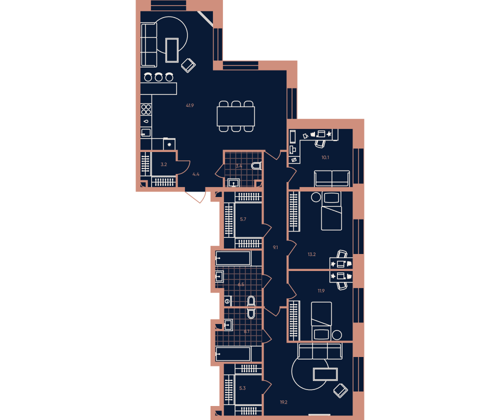 5-комнатная 140 м2 в ЖК ERA / Дербеневская 20 корпус null этаж 27