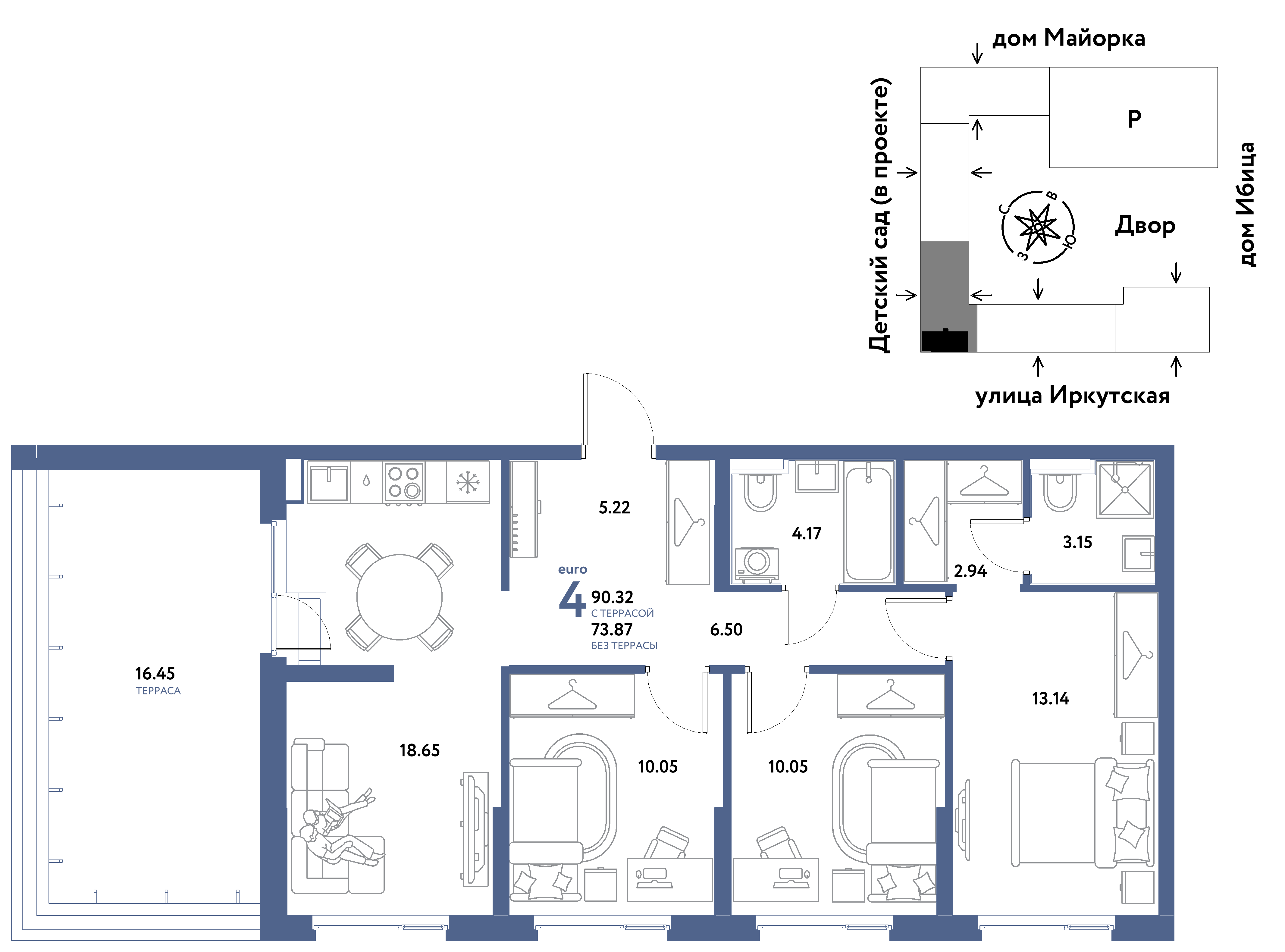 4-комнатная 90 м2 в ЖК Остров-сад корпус null этаж 13