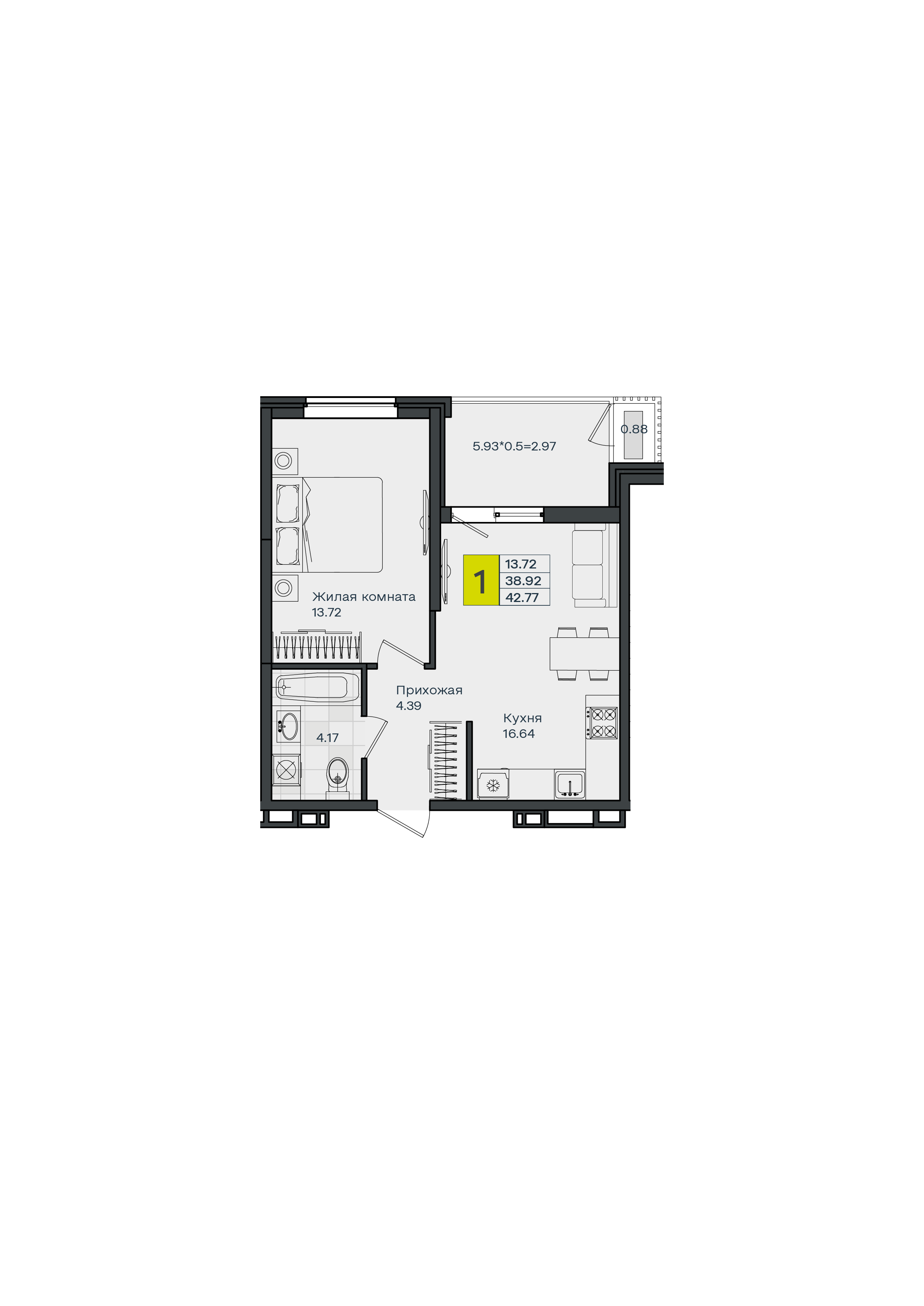 1-комнатная 42 м2 в ЖК МОНО Квартал корпус null этаж 5