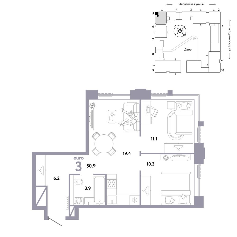 3-комнатная 50 м2 в ЖК Страна.Заречная корпус null этаж 23