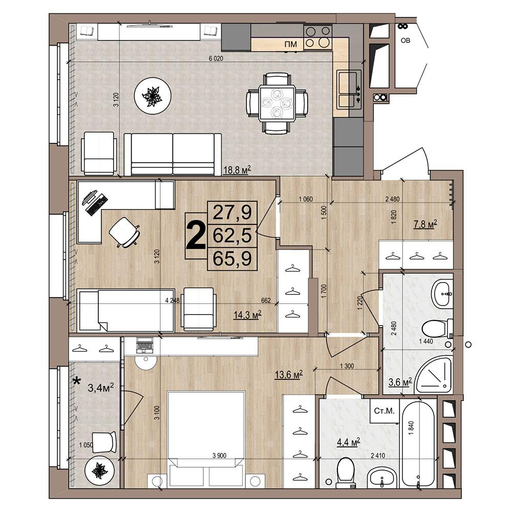 2-комнатная 65 м2 в ЖК Гранд Комфорт-2 корпус null этаж 13