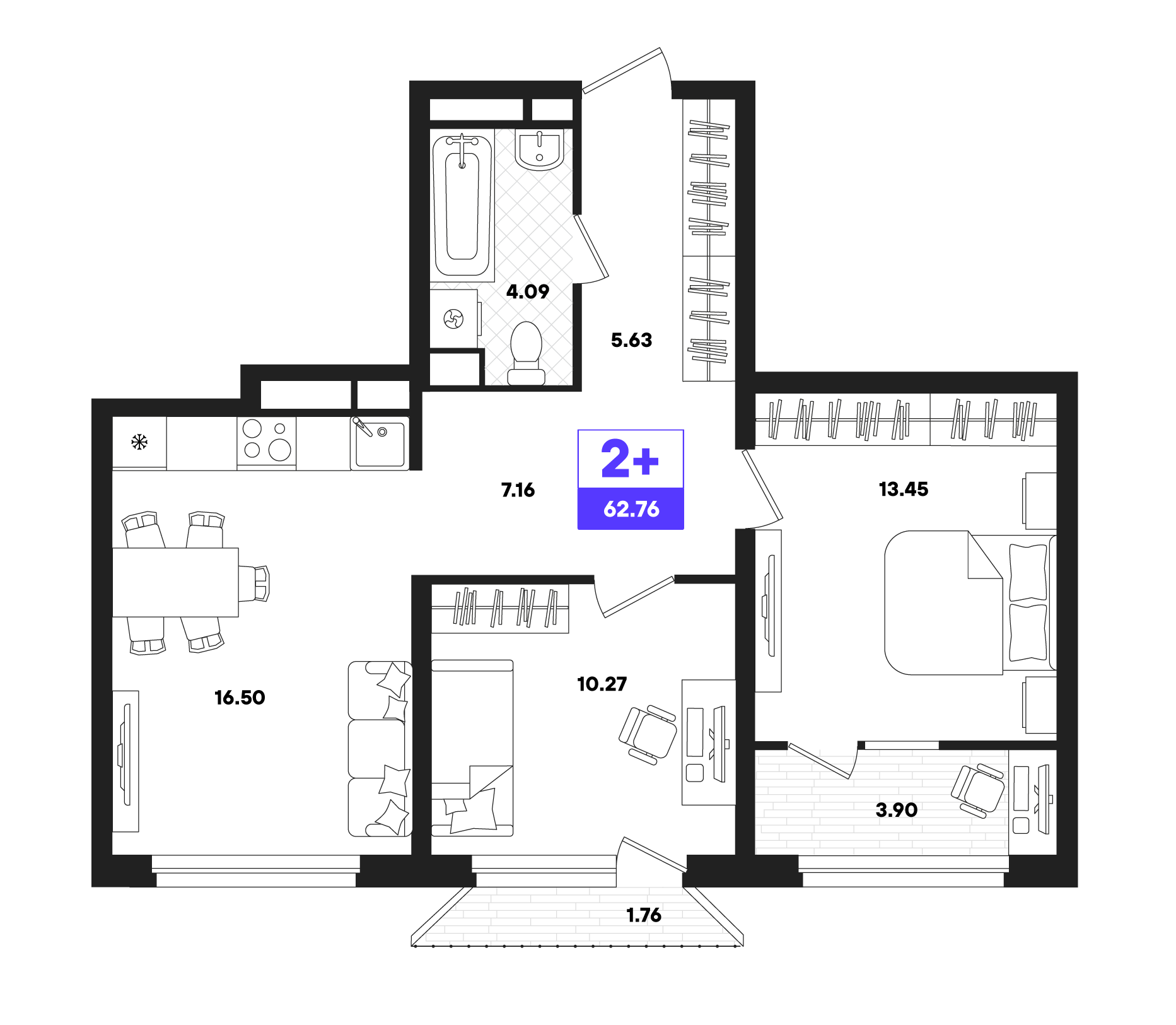 2-комнатная 62 м2 в ЖК Отличие корпус null этаж 15