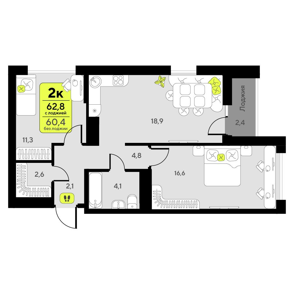 2-комнатная 62 м2 в ЖК Мотивы корпус null этаж 2
