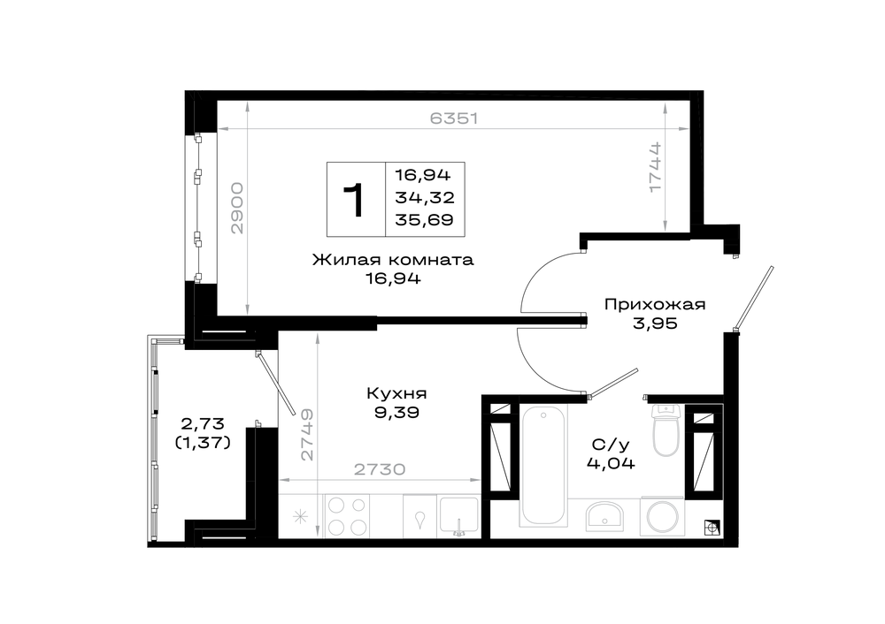 1-комнатная 35 м2 в ЖК Октябрь парк корпус null этаж 10