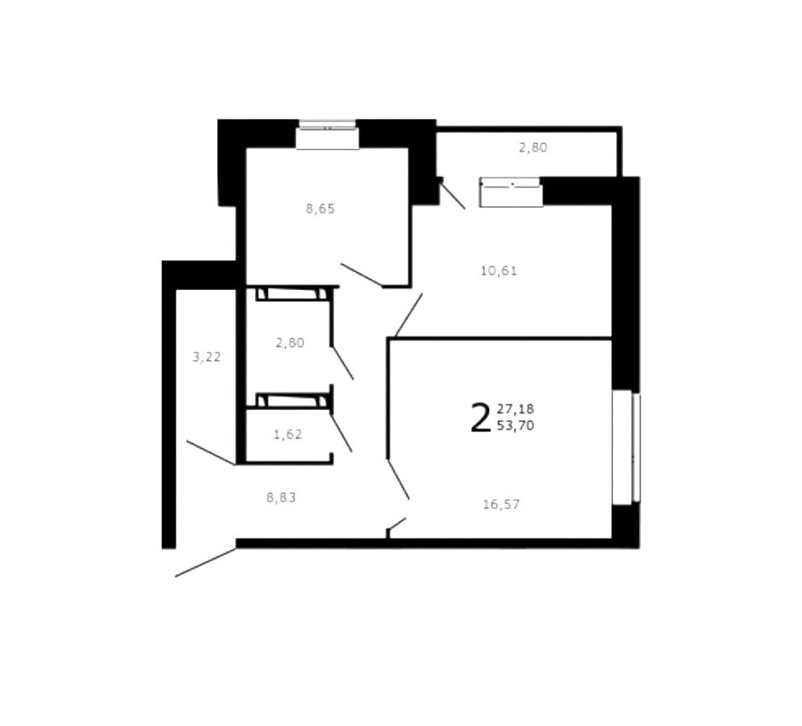 2-комнатная 53.7 м2 в ЖК undefined корпус null этаж 7