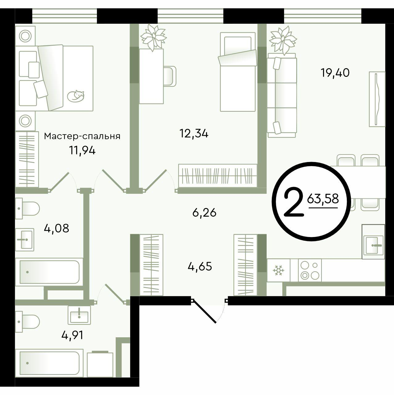 2-комнатная 63 м2 в ЖК Зеленые Аллеи корпус null этаж 3
