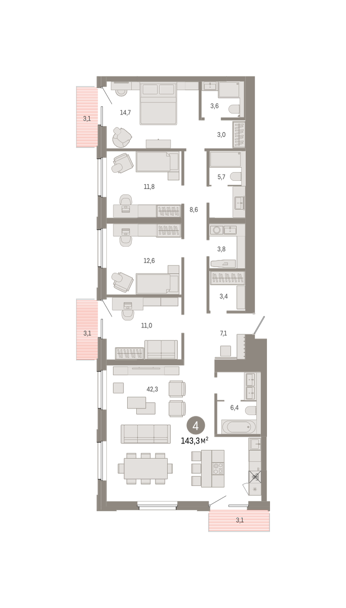 4-комнатная 143 м2 в ЖК Город-на-озере корпус null этаж 5