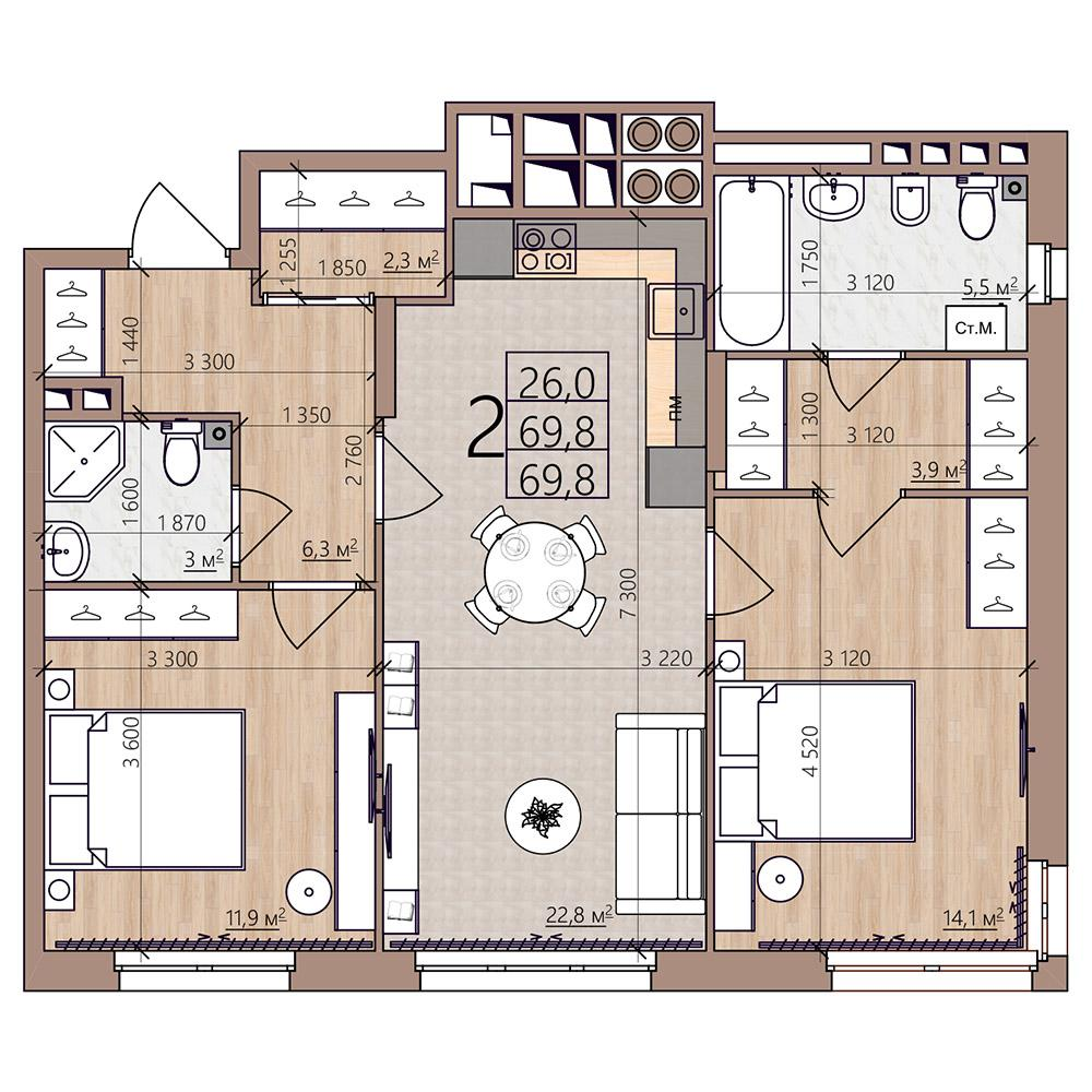2-комнатная 69 м2 в ЖК Окская стрелка корпус null этаж 2