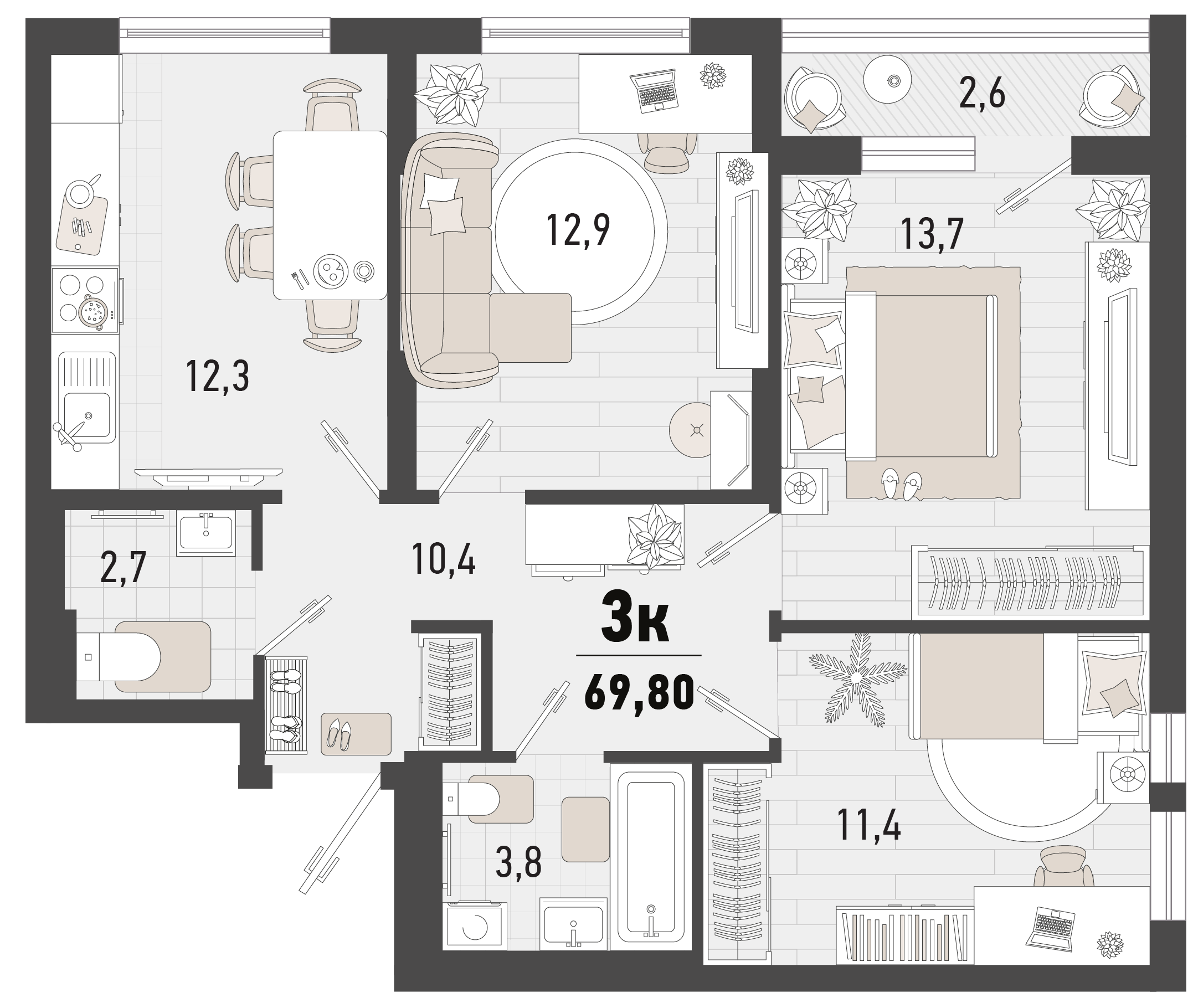 3-комнатная 68 м2 в ЖК Барса корпус null этаж 2